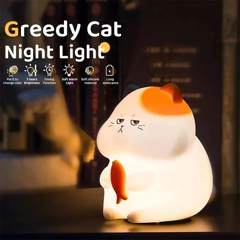 Gluttonous Cat Night Light Rechargeable Silicone Touch Patting Lamp Fun Cat and Fish Lamp Animal Light Bedside Desktop Decor 
Gluttonous Cat Night Light Rechargeable Silicone Touch Patting Lamp Fun Cat and Fish Lamp Animal Light Bedside Desktop Decor