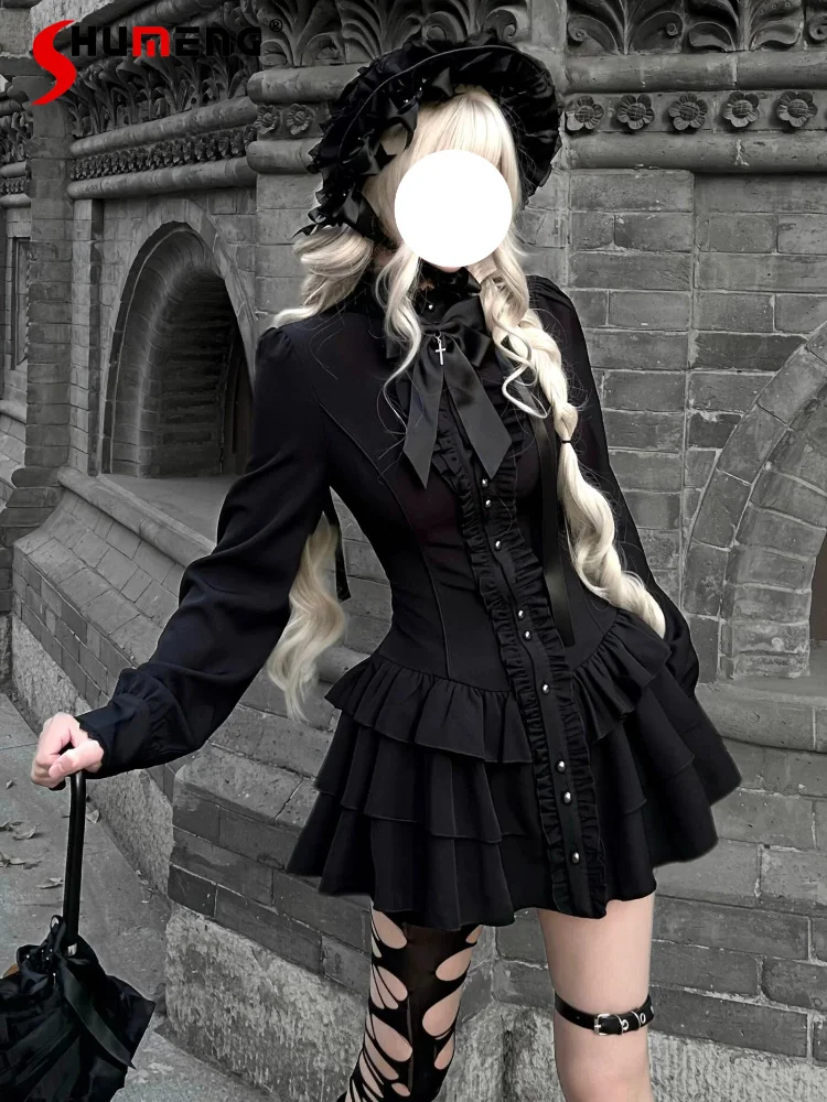 Japanese Style Subculture Dark Gothic Black Dresses Round Neck Long Sleeve Single Breasted Ruffled Lolita Cake Short Dress Women
Japanese Style Subculture Dark Gothic Black Dresses Round Neck Long Sleeve Single Breasted Ruffled Lolita Cake Short Dress Women