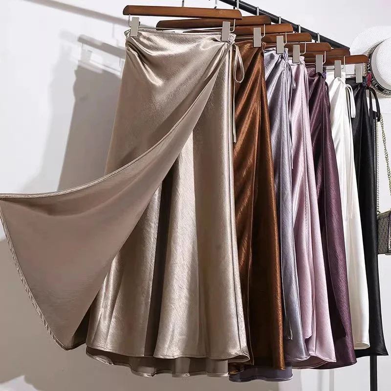 Spring Summer Long Skirts For Women Champagne Lace-up Design Satin A-line Skirt With Slit Lady Elegant Women's Fishtail Skirt
Spring Summer Long Skirts For Women Champagne Lace-up Design Satin A-line Skirt With Slit Lady Elegant Women's Fishtail Skirt