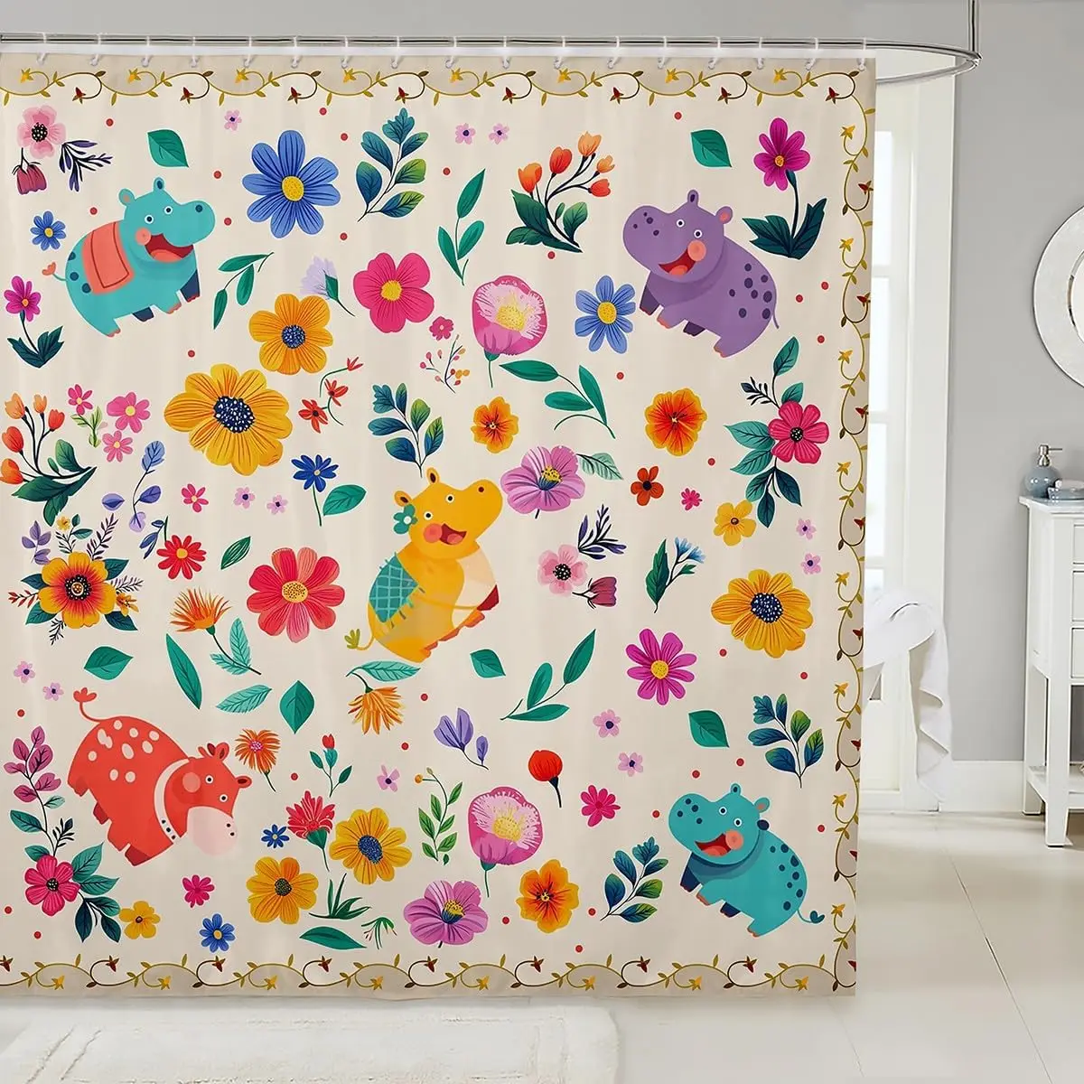 Cartoon Hippo and Flower Shower Curtain, Colorful Hippopotamus with Floral Pattern, Waterproof Fabric Bathroom Curtain for Kids
Cartoon Hippo and Flower Shower Curtain, Colorful Hippopotamus with Floral Pattern, Waterproof Fabric Bathroom Curtain for Kids