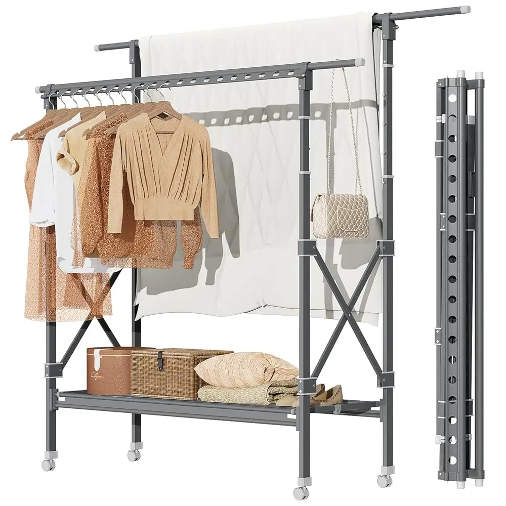Clothes Rack, Double Rods Clothing Racks With Wheels, Adjustable Wardrobe Coat Ra With Bottom Shelves Extendable Bar, Heavy
Clothes Rack, Double Rods Clothing Racks With Wheels, Adjustable Wardrobe Coat Ra With Bottom Shelves Extendable Bar, Heavy