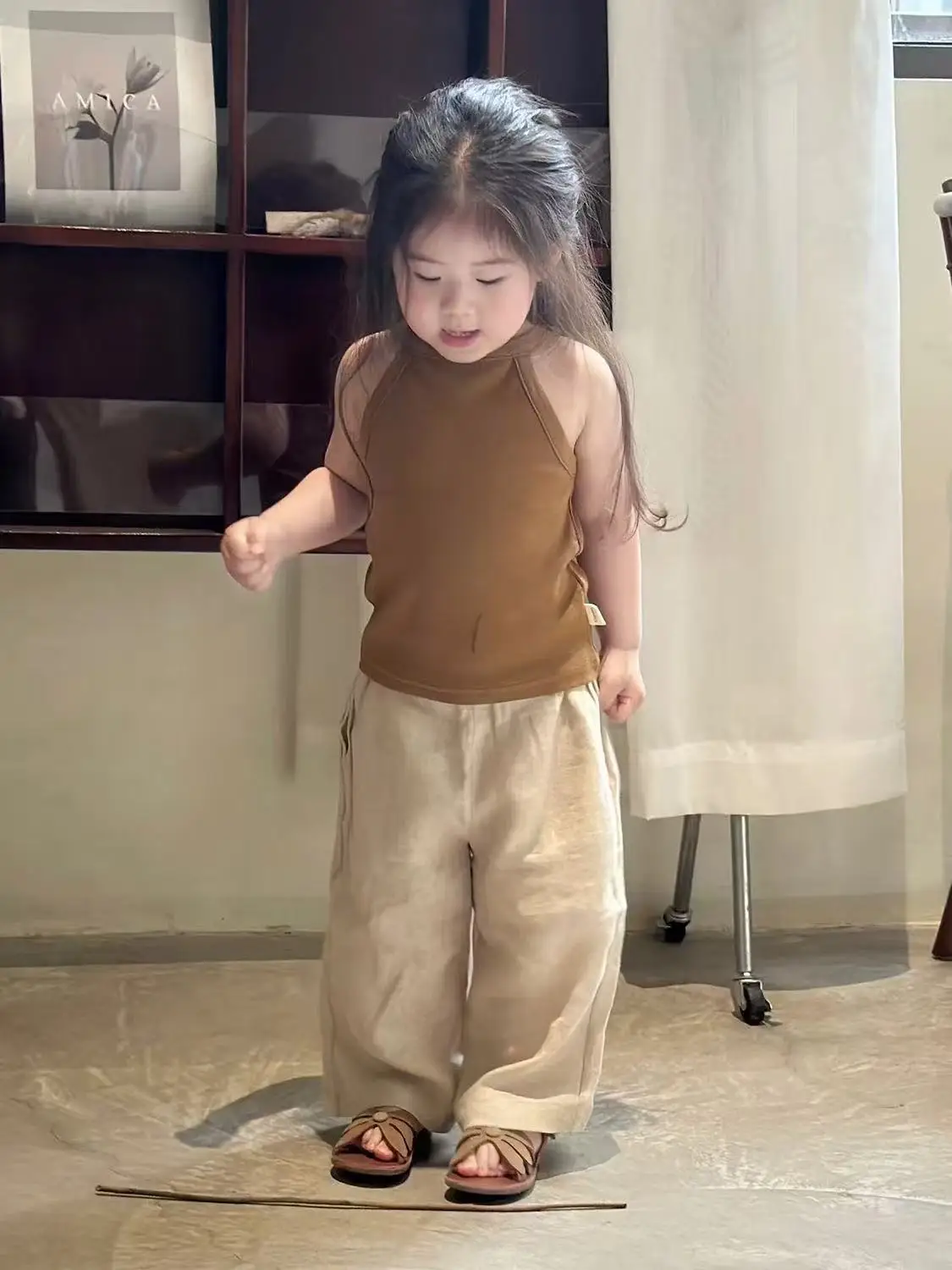 Girls Set Summer New Brown Pure Cotton Children's Hanging Neck Tank Top Loose Casual Pants Two Piece Set Kids Outfits 90-140CM 
Girls Set Summer New Brown Pure Cotton Children's Hanging Neck Tank Top Loose Casual Pants Two Piece Set Kids Outfits 90-140CM