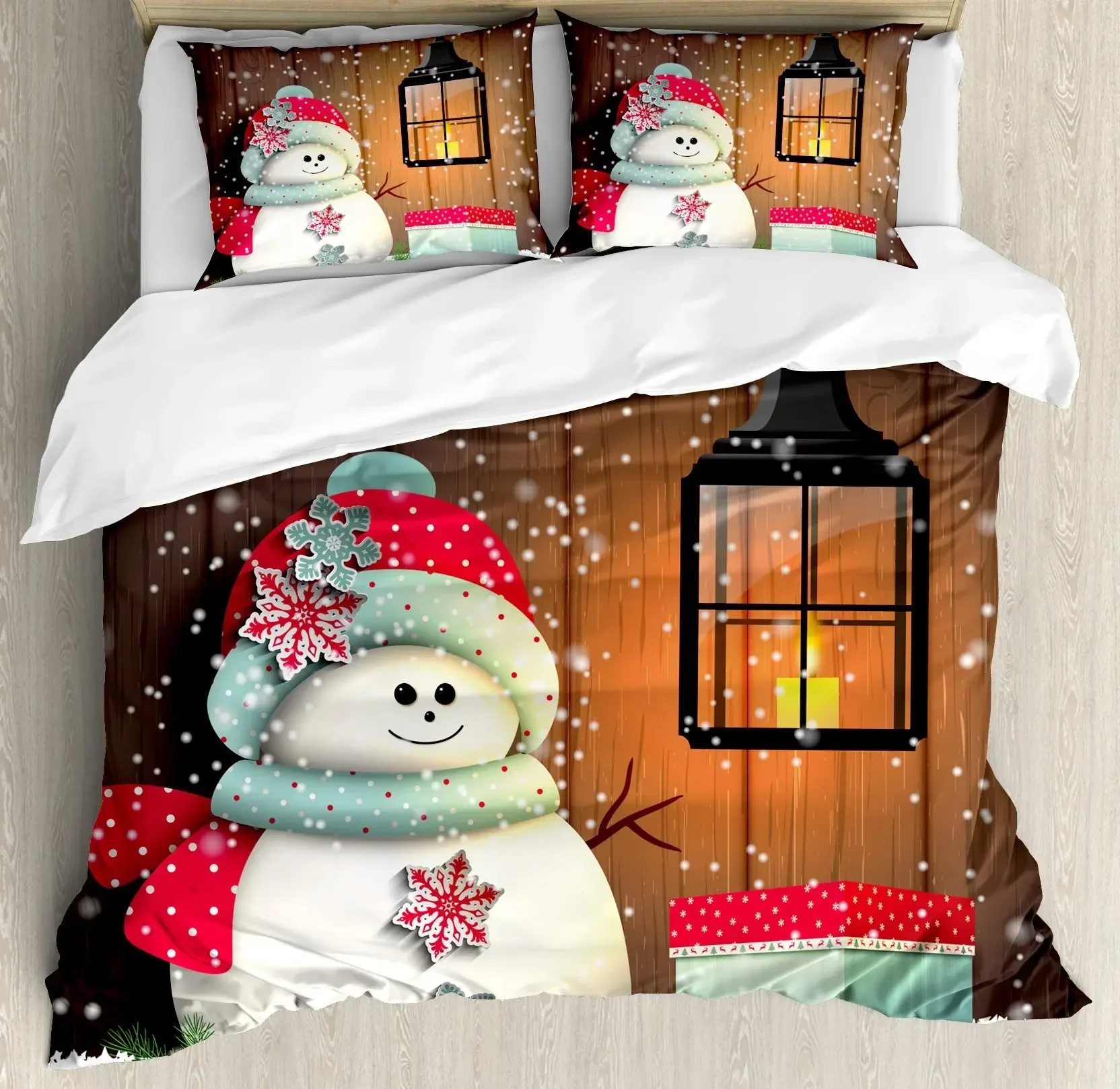 Christmas Duvet Cover Set, Snowman with Santa Hat In The Garden with A Gift Box and Candle Cartoon Image Polyester Bedding Set
Christmas Duvet Cover Set, Snowman with Santa Hat In The Garden with A Gift Box and Candle Cartoon Image Polyester Bedding Set