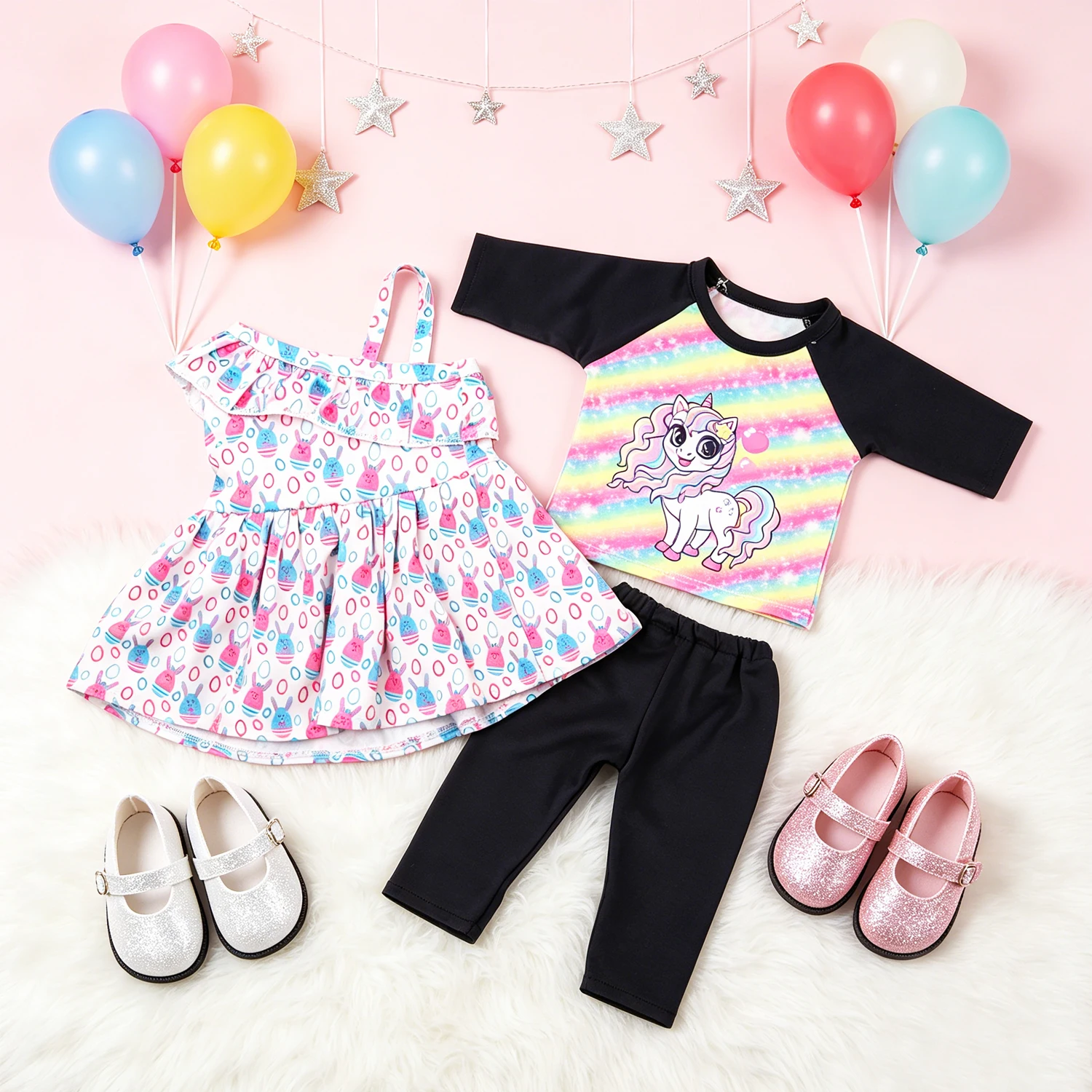 Cute Cartoon Doll Clothes & Shoes Set Bunny Unicorn Print Outfits + Mary Jane Shoes for 18" American & 43cm Baby Newborn Dolls
Cute Cartoon Doll Clothes & Shoes Set Bunny Unicorn Print Outfits + Mary Jane Shoes for 18" American & 43cm Baby Newborn Dolls