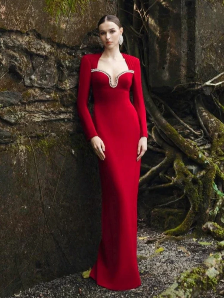 Sexy V Neck Long Sleeve Patchwork Diamonds Bandage Dress Women Red Long Sleeve Bodycon Long Dresses Evening Party Gowns
Sexy V Neck Long Sleeve Patchwork Diamonds Bandage Dress Women Red Long Sleeve Bodycon Long Dresses Evening Party Gowns