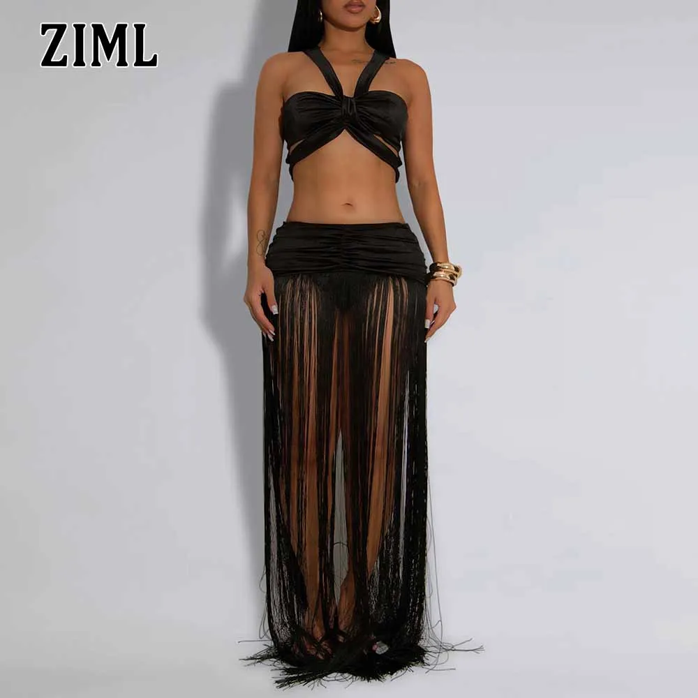 ZIML Solid Two Piece Sets for Women Halter Sleeveless Short Tops High Waist Spliced Tassles Long Skirts Chic Set Female Fashion 
ZIML Solid Two Piece Sets for Women Halter Sleeveless Short Tops High Waist Spliced Tassles Long Skirts Chic Set Female Fashion