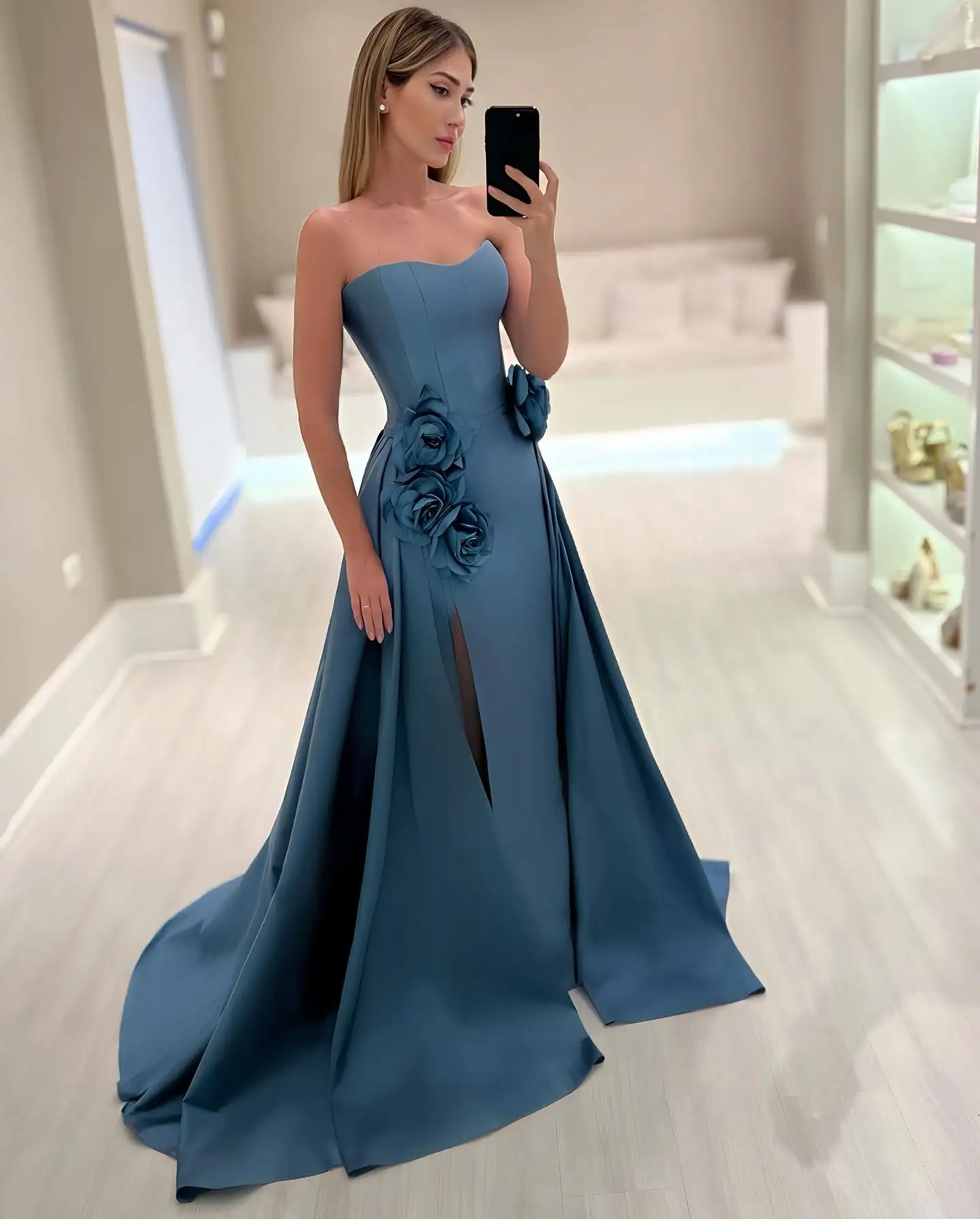 Exquisite Blue Satin Evening Party Gown with Waist 3D Floral Off-shoulder A-line Formal Occasion Dress Bridal Wedding Dresses
Exquisite Blue Satin Evening Party Gown with Waist 3D Floral Off-shoulder A-line Formal Occasion Dress Bridal Wedding Dresses