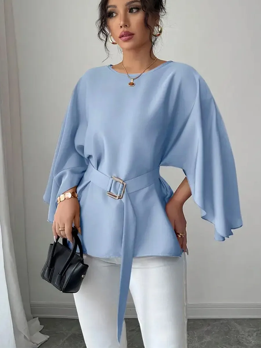 Women's Blouse Cap Sleeve Solid Color Blouses Elegant Bell Sleeve Spring Summer Chiffon Blouse Light Blue Belted Waist Peplum
Women's Blouse Cap Sleeve Solid Color Blouses Elegant Bell Sleeve Spring Summer Chiffon Blouse Light Blue Belted Waist Peplum