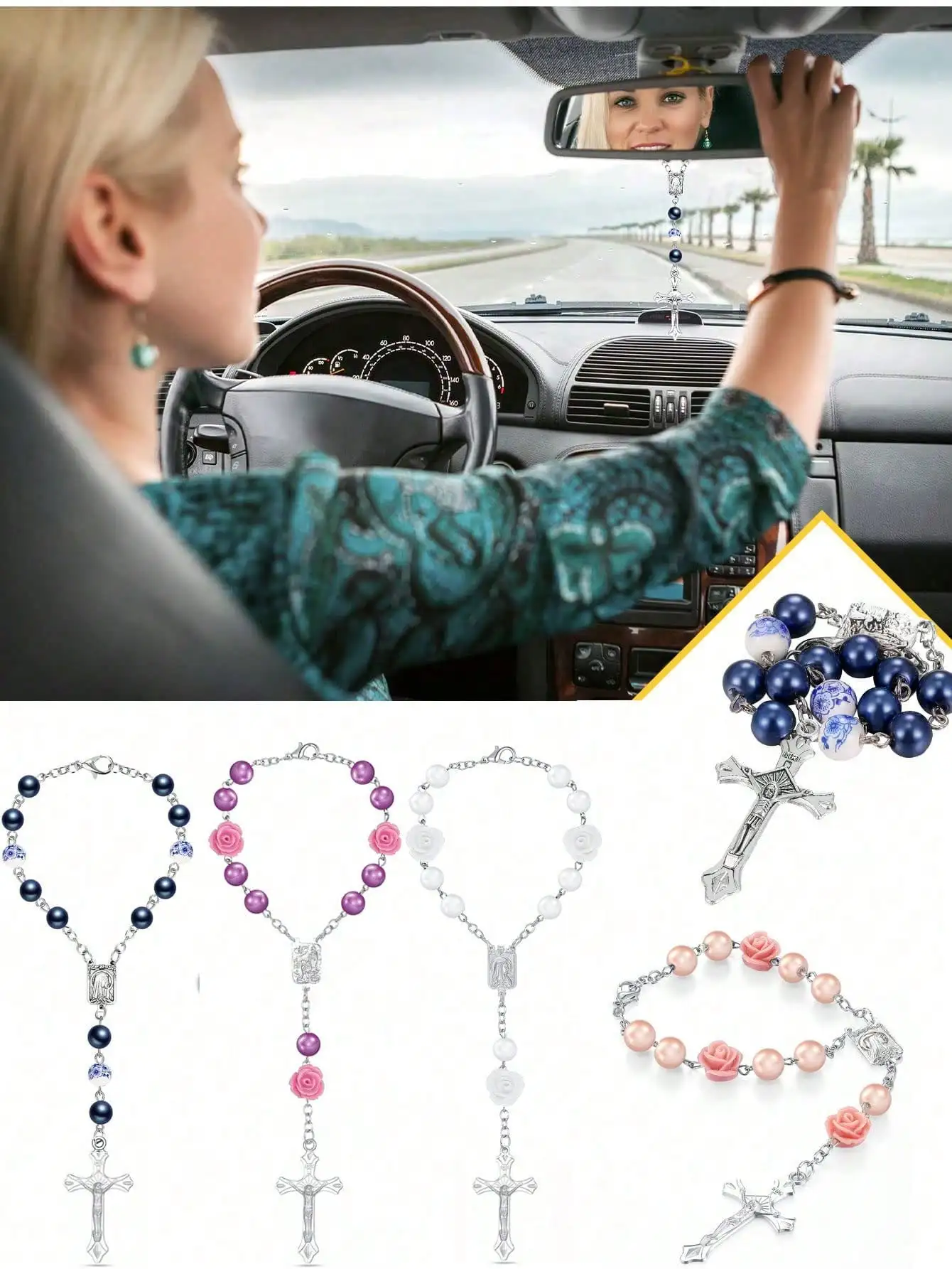 1Pc Rose Cross Car Hanging Ornament Beaded Rosary Rearview Mirror Pendant For Women
1Pc Rose Cross Car Hanging Ornament Beaded Rosary Rearview Mirror Pendant For Women
