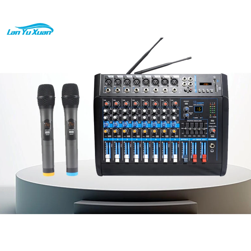 Party home karaoke mixer amplifier equalizer 8 channel DJ audio mixer professional with 2 wireless microphone
Party home karaoke mixer amplifier equalizer 8 channel DJ audio mixer professional with 2 wireless microphone