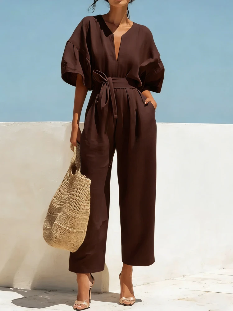 Sexy V-neck Multiple Color Long Romper Half Sleeve Pocket Pure Causal Jumpsuit Women Trendy Lace-Up Waist Cotton Linen Playsuit
Sexy V-neck Multiple Color Long Romper Half Sleeve Pocket Pure Causal Jumpsuit Women Trendy Lace-Up Waist Cotton Linen Playsuit