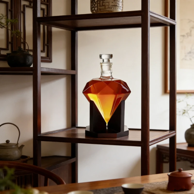 Elegant Liquor Bottle Decanter - Diamond Cut Glass with Wooden Stand for Home Bar and Gifts
Elegant Liquor Bottle Decanter - Diamond Cut Glass with Wooden Stand for Home Bar and Gifts