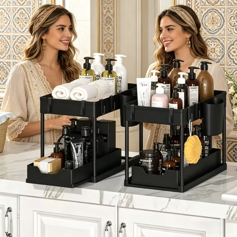 2-Tier Under Sink Organizer, Sliding Cabinet Basket Storage Rack with Hooks & Hanging Cup for Bathroom & Kitchen
2-Tier Under Sink Organizer, Sliding Cabinet Basket Storage Rack with Hooks & Hanging Cup for Bathroom & Kitchen