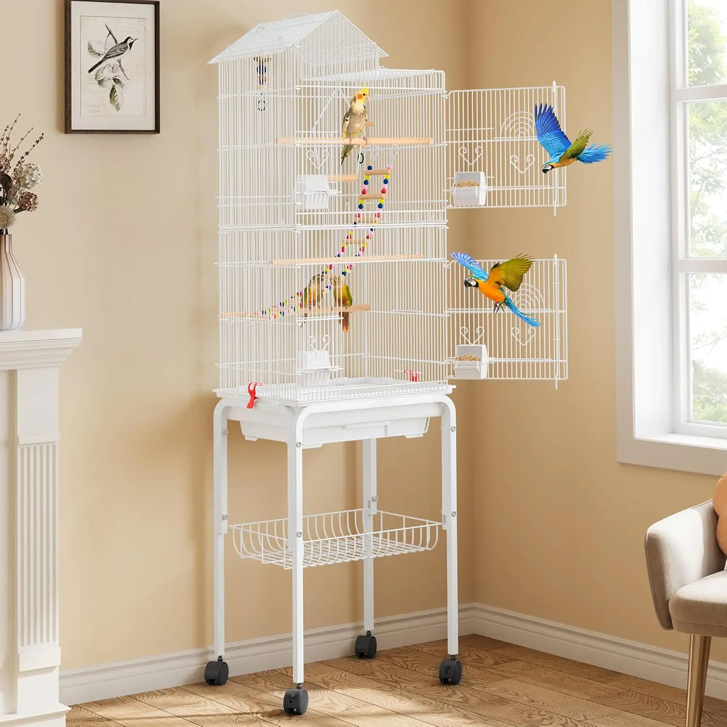 Large Metal Bird Cage for Parrot Cockatiel Lovebird with Rolling Stand and Hanging Accessories
Large Metal Bird Cage for Parrot Cockatiel Lovebird with Rolling Stand and Hanging Accessories