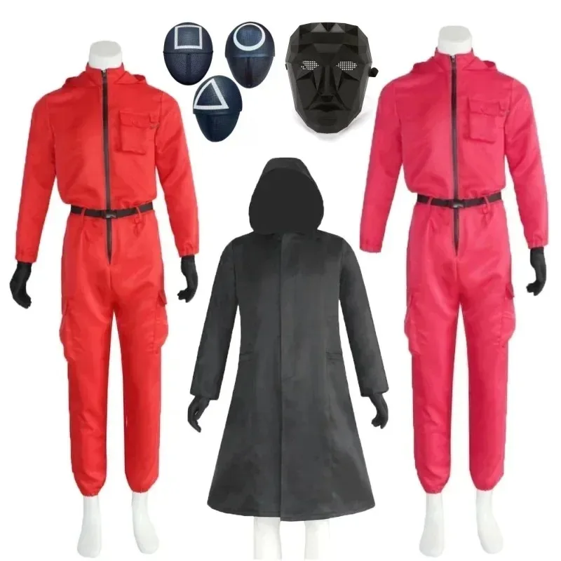 Korean Drama Calamari Game Cosplay Costume Red Jumpsuit Triangle Disguise Round Square Circle Mask Halloween Carnival Party
Korean Drama Calamari Game Cosplay Costume Red Jumpsuit Triangle Disguise Round Square Circle Mask Halloween Carnival Party