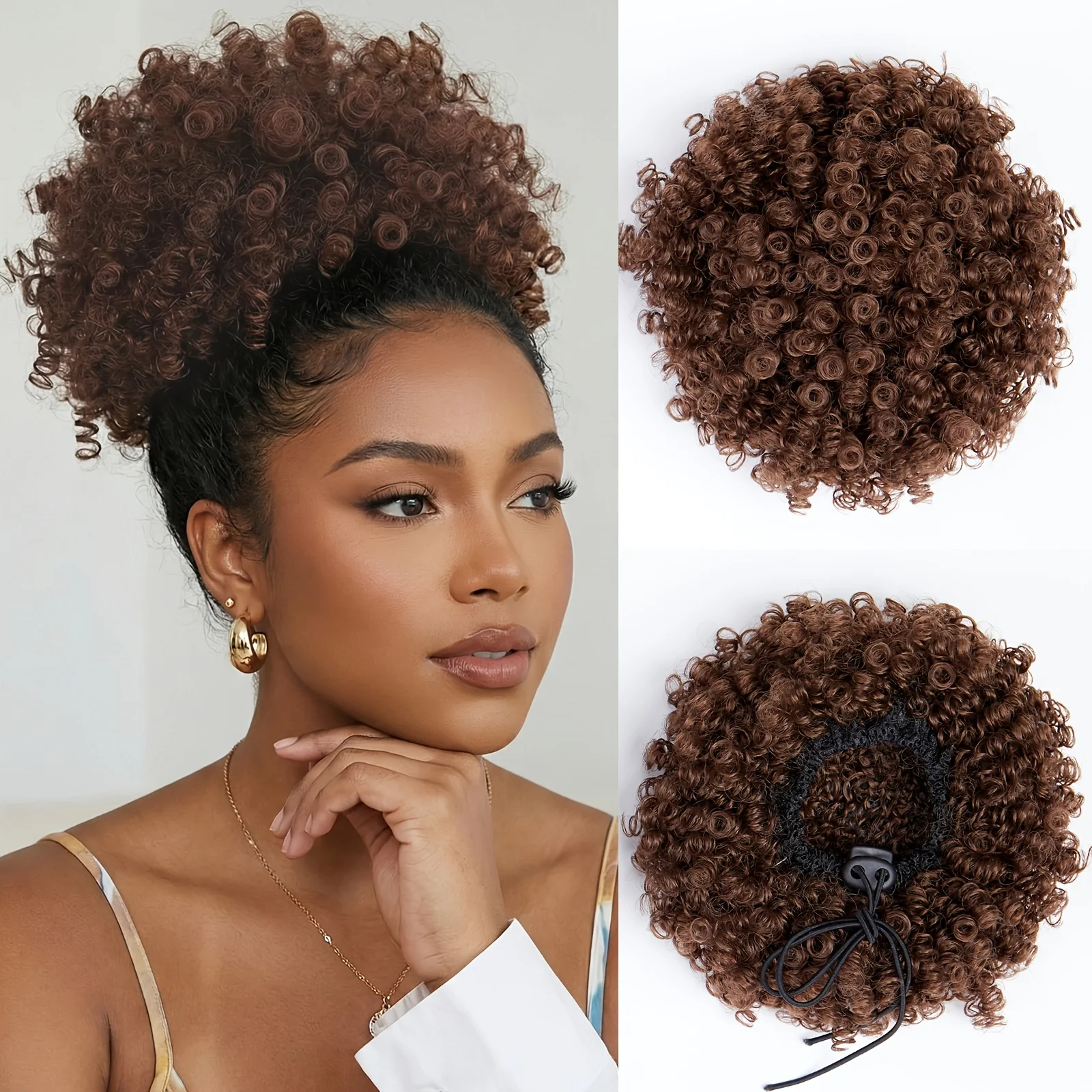 Deep brown curly voluminous hair extensions - drawstring wiglet, volumizing synthetic hairpiece for updo styling
Deep brown curly voluminous hair extensions - drawstring wiglet, volumizing synthetic hairpiece for updo styling