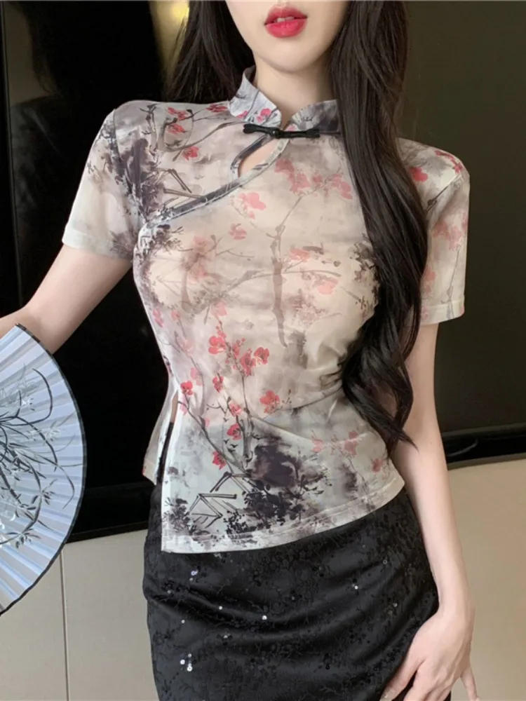 New Chinese Style Reformed Mesh Top Women's Plum Blossom National Style Button Sexy Tight Short Sleeve T-Shirt Eleg...
New Chinese Style Reformed Mesh Top Women's Plum Blossom National Style Button Sexy Tight Short Sleeve T-Shirt Eleg...