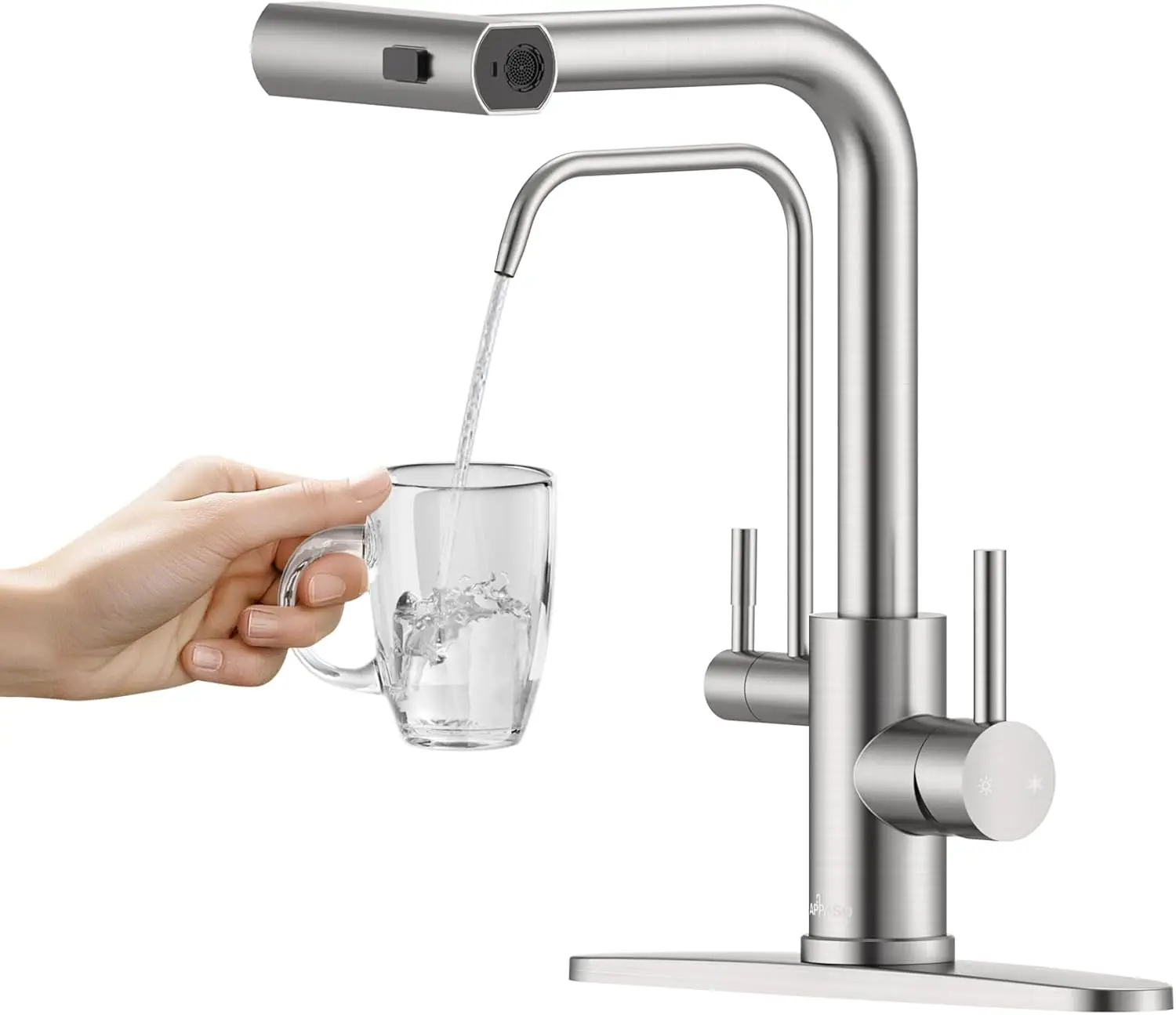 Waterfall Kitchen Faucet with Pull Down Sprayer, 2 Handle Brushed Nickel Sink Faucet - 3 in 1 Design
Waterfall Kitchen Faucet with Pull Down Sprayer, 2 Handle Brushed Nickel Sink Faucet - 3 in 1 Design