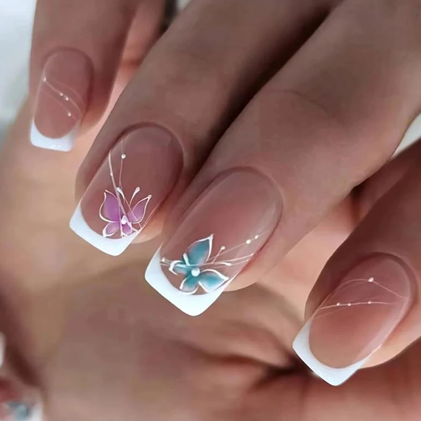24Pcs Short Square Press On Nails, Nude with White French Tips & Minimalist Butterfly Fake Nails Kit
24Pcs Short Square Press On Nails, Nude with White French Tips & Minimalist Butterfly Fake Nails Kit