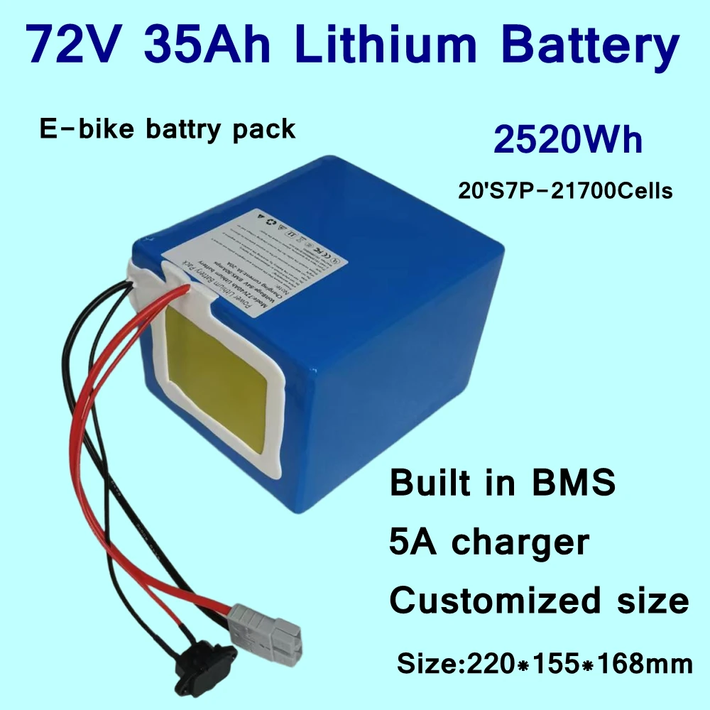 E-bike battery pack 72v 35Ah Lithium battery BMS for 3000w 5000w 7000W 10KW e-bike motor Vehicle tricycle scooters +5A charger
E-bike battery pack 72v 35Ah Lithium battery BMS for 3000w 5000w 7000W 10KW e-bike motor Vehicle tricycle scooters +5A charger