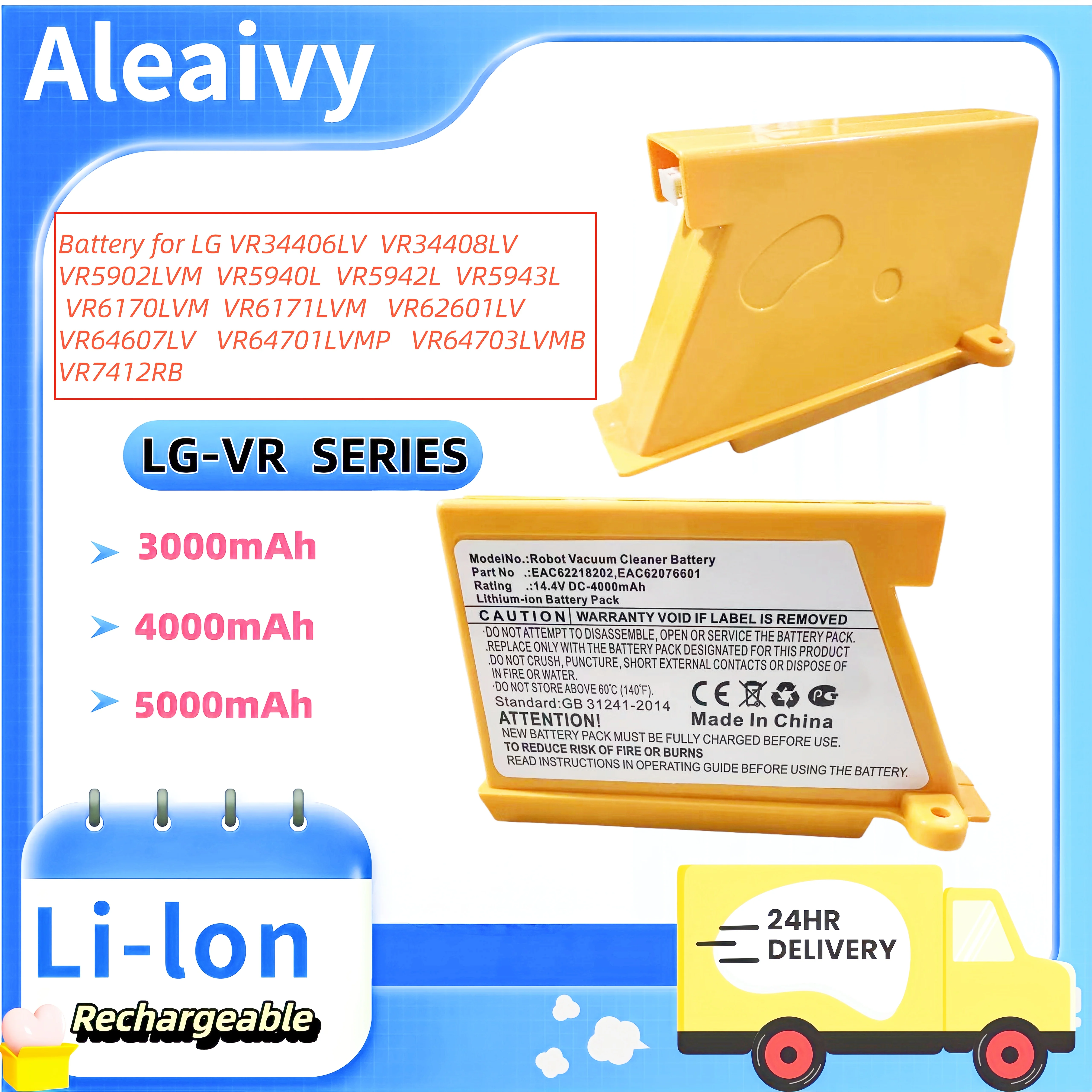 High Capacity 3000mAh Li-ion Battery for LG Robot Vacuum Cleaner VR65715LVM VR66750LVWP, Replacement Part EAC60766107
High Capacity 3000mAh Li-ion Battery for LG Robot Vacuum Cleaner VR65715LVM VR66750LVWP, Replacement Part EAC60766107