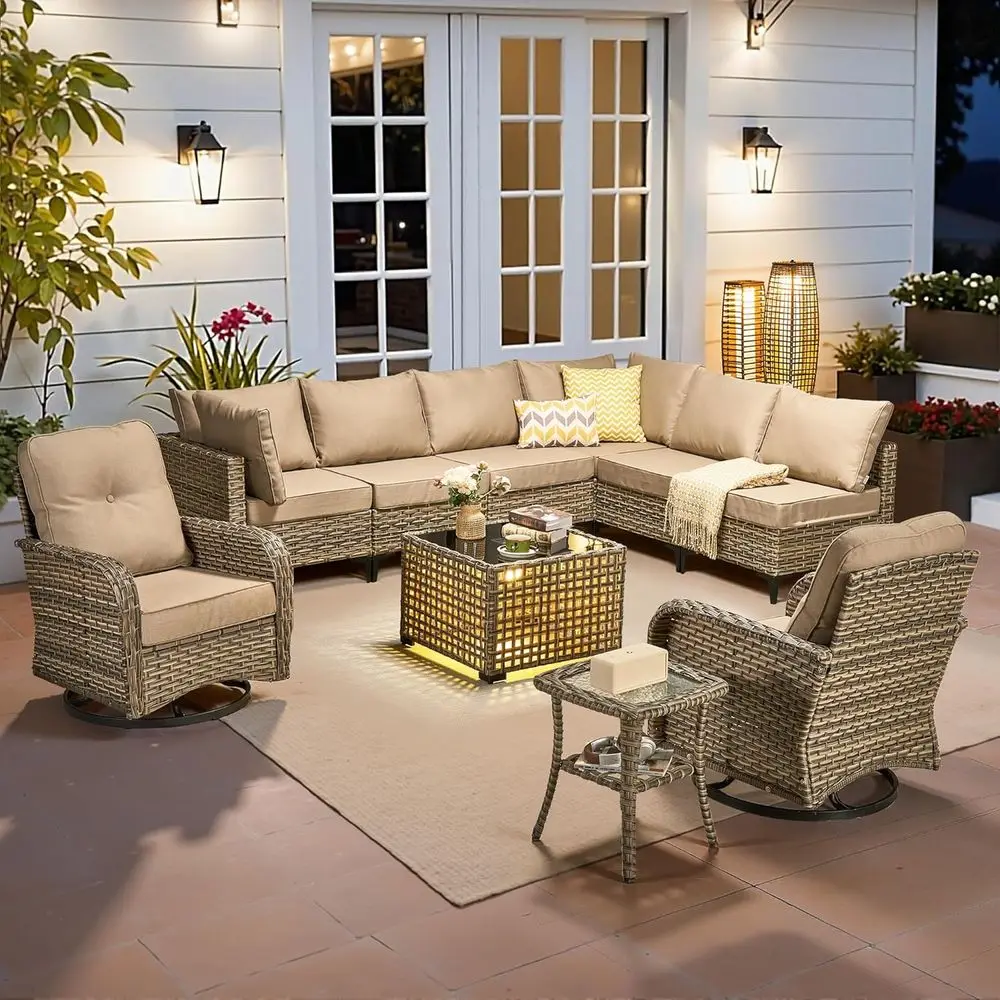 10-Piece L-Shaped Wicker Patio Furniture Set with Swivel Chairs, Beige
10-Piece L-Shaped Wicker Patio Furniture Set with Swivel Chairs, Beige