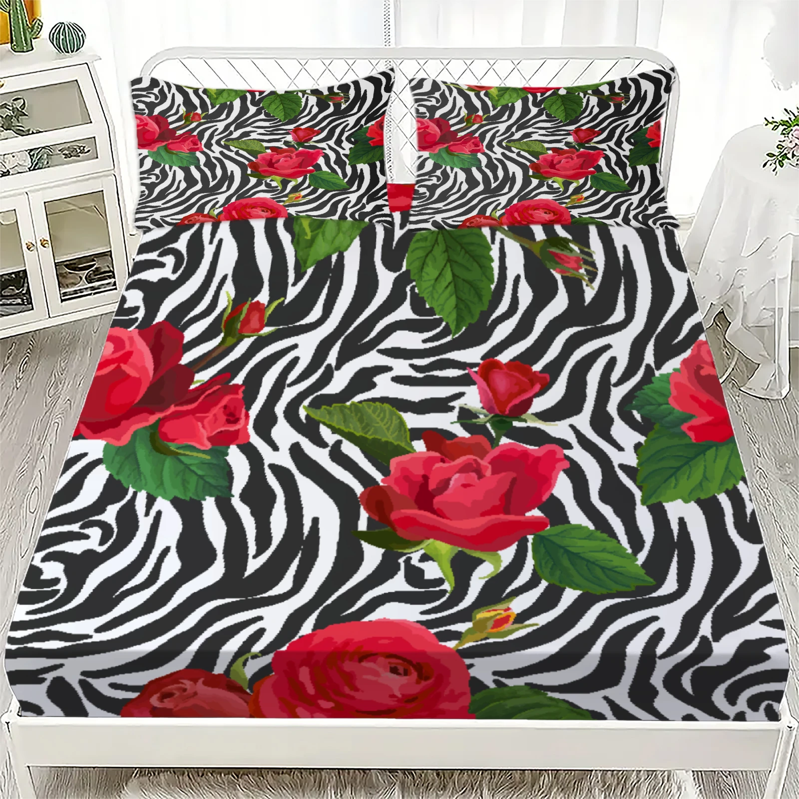 3pcs Fitted Sheet Set Zebra Stripes With Red Roses Easy Care Durable Bed Sheet With Pillowcases For Bedroom Decor
3pcs Fitted Sheet Set Zebra Stripes With Red Roses Easy Care Durable Bed Sheet With Pillowcases For Bedroom Decor