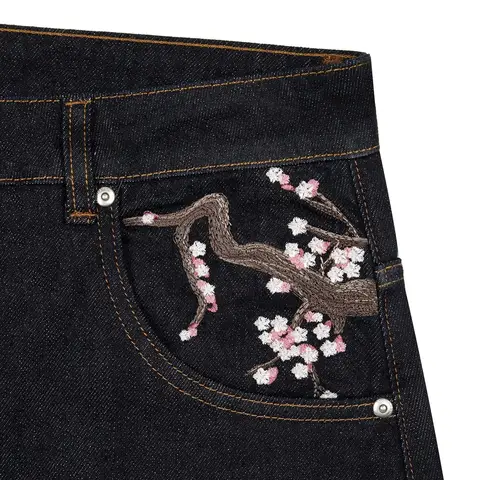 Derschutze Patchwork Cherry Blossom Embroidery Denim Pants Y2k Vintage Women Baggy Straight Wide Leg Jeans Street Men Clothes