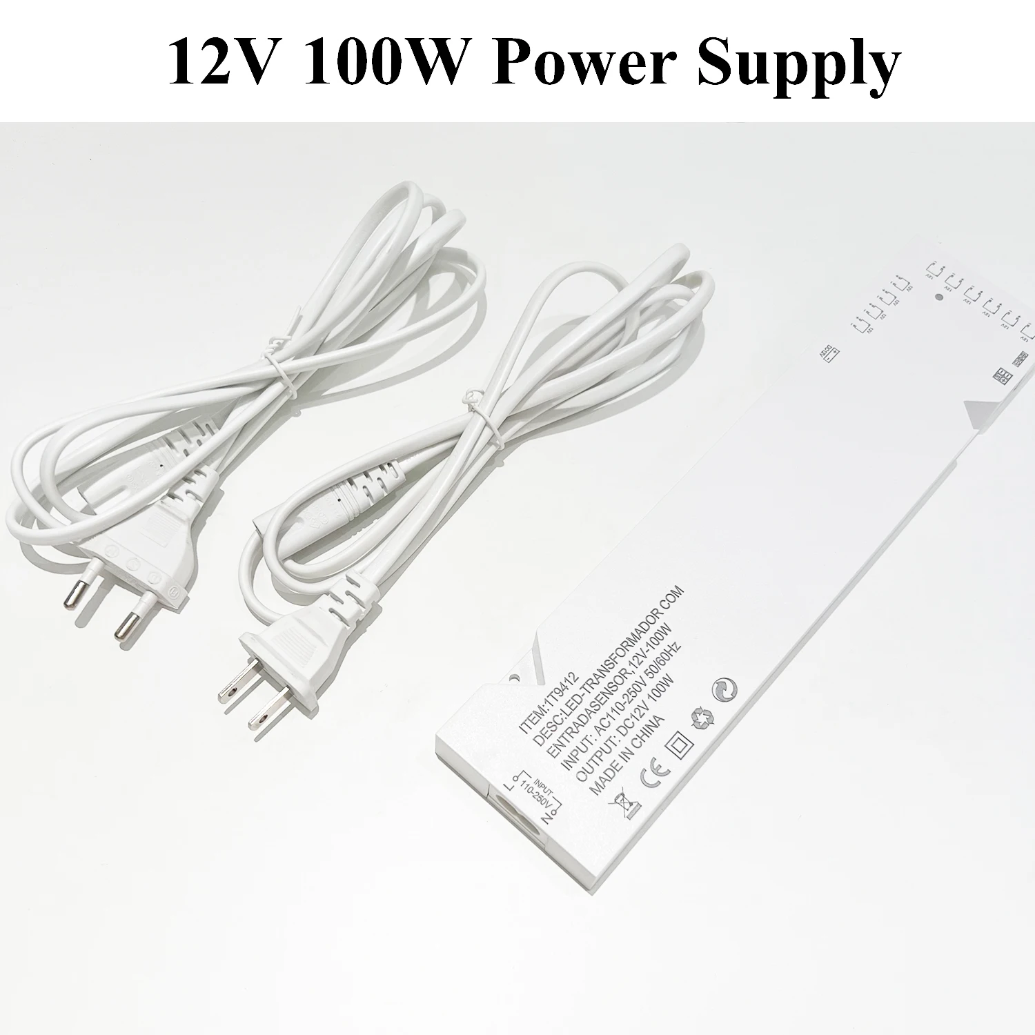 DC12V 100W LED Driver Power Supply with EU Cord, AC110V-250V to DC12V Constant Voltage Light Transformer LED Under Cabinet Light
DC12V 100W LED Driver Power Supply with EU Cord, AC110V-250V to DC12V Constant Voltage Light Transformer LED Under Cabinet Light