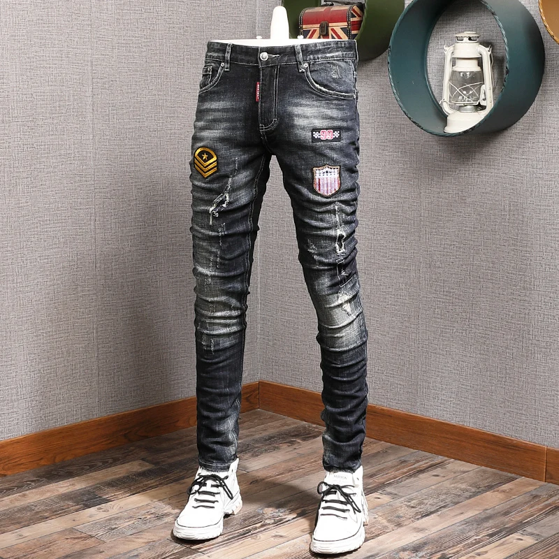 Streetwear Fashion Men Jeans Retro Black Blue Elastic Slim Fit Ripped Jeans Men Patches Designer Hip Hop Denim Pants Hombre
Streetwear Fashion Men Jeans Retro Black Blue Elastic Slim Fit Ripped Jeans Men Patches Designer Hip Hop Denim Pants Hombre