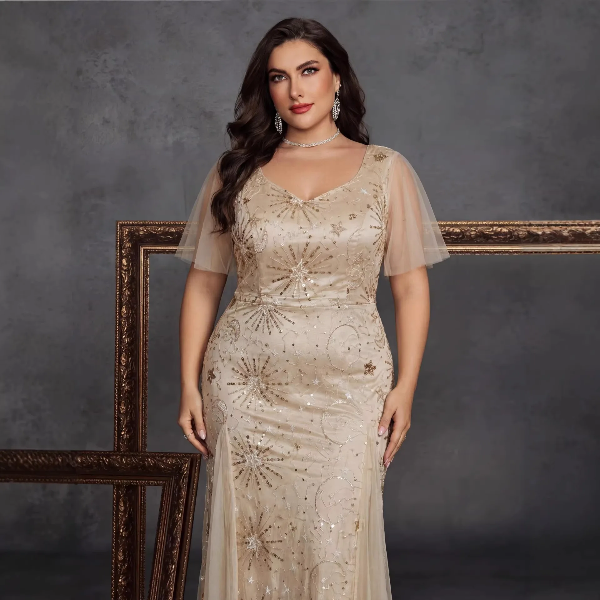 Plus Size Champagne V Neck Sheer Flutter Short Sleeve Moon Star Firework Sequin Tulle Mermaid Maxi Dress Evening Gown
Plus Size Champagne V Neck Sheer Flutter Short Sleeve Moon Star Firework Sequin Tulle Mermaid Maxi Dress Evening Gown