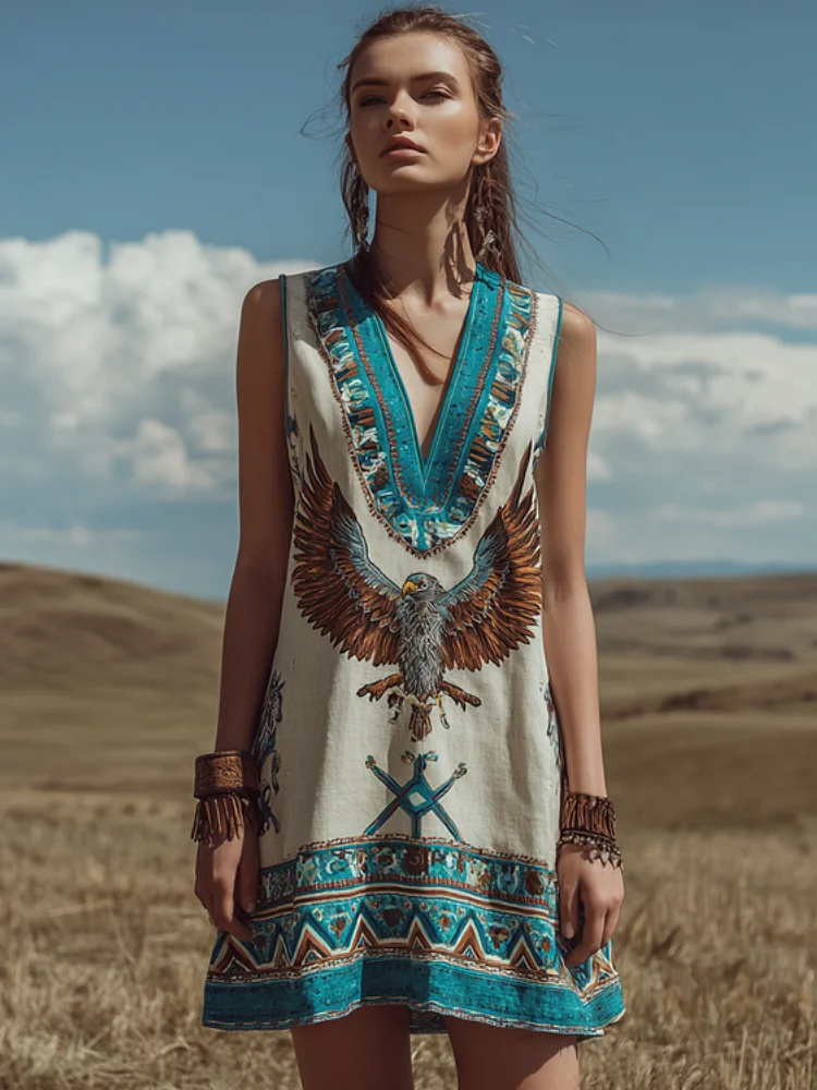 Women's Western Eagle Tribal Print Mini Dress, Sleeveless Deep V Neck Southwest Boho Linen Viscose Shift Vacation Dress
Women's Western Eagle Tribal Print Mini Dress, Sleeveless Deep V Neck Southwest Boho Linen Viscose Shift Vacation Dress