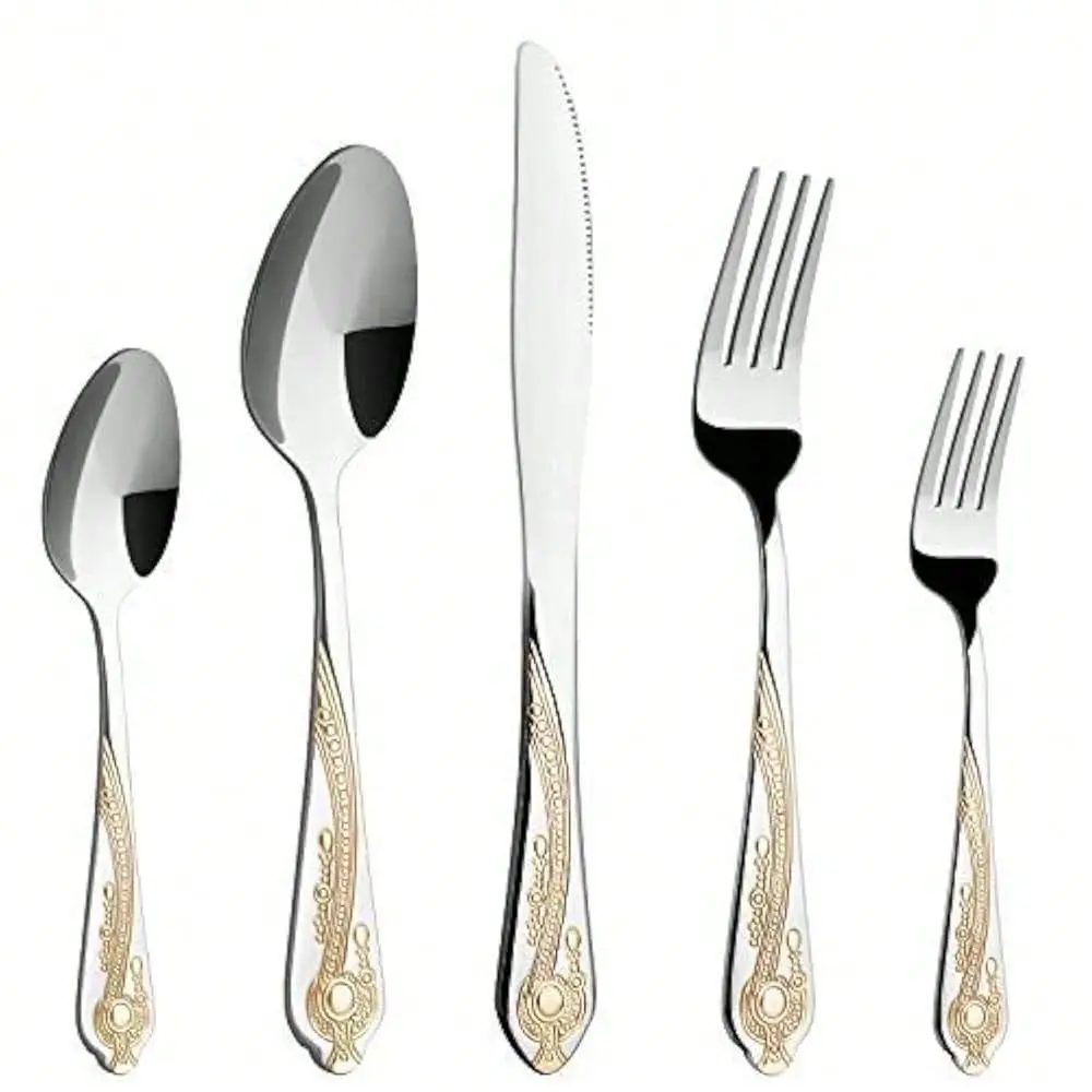 Silverware Set, 20 Piece Stainless Steel Golden Flatware Set For 4, Silver Tableware Set With 24K GoldPlated Trim, Eating Utens
Silverware Set, 20 Piece Stainless Steel Golden Flatware Set For 4, Silver Tableware Set With 24K GoldPlated Trim, Eating Utens
