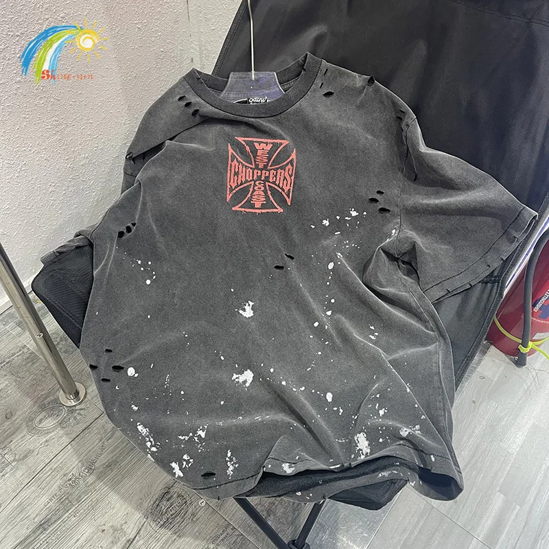 Summer Hip Hop Vintage Washed Black Damaged Hole Saint T Shirt Men Women Cross Logo West Coast Choppers T-Shirt Splashed Ink Tee
Summer Hip Hop Vintage Washed Black Damaged Hole Saint T Shirt Men Women Cross Logo West Coast Choppers T-Shirt Splashed Ink Tee