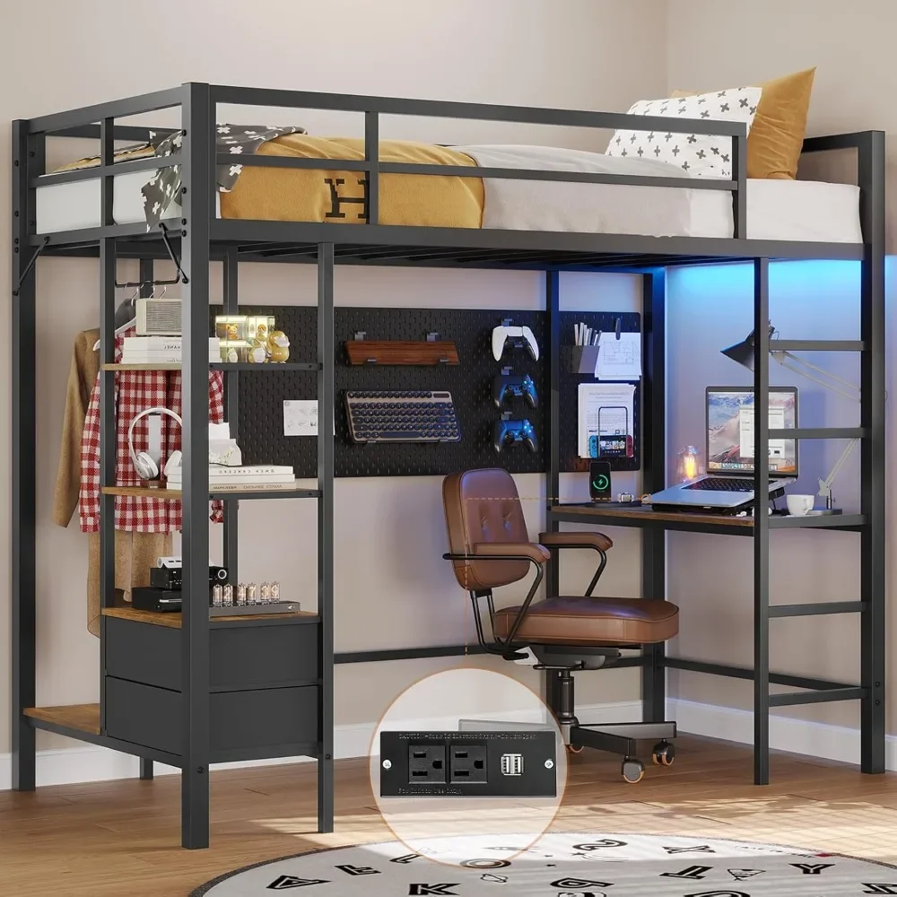 Twin Size Loft Bed with Desk and Led Lights Junior Loft Bed with Charging Station & Storage Shelves and Drawers Twin Metal Bed
Twin Size Loft Bed with Desk and Led Lights Junior Loft Bed with Charging Station & Storage Shelves and Drawers Twin Metal Bed