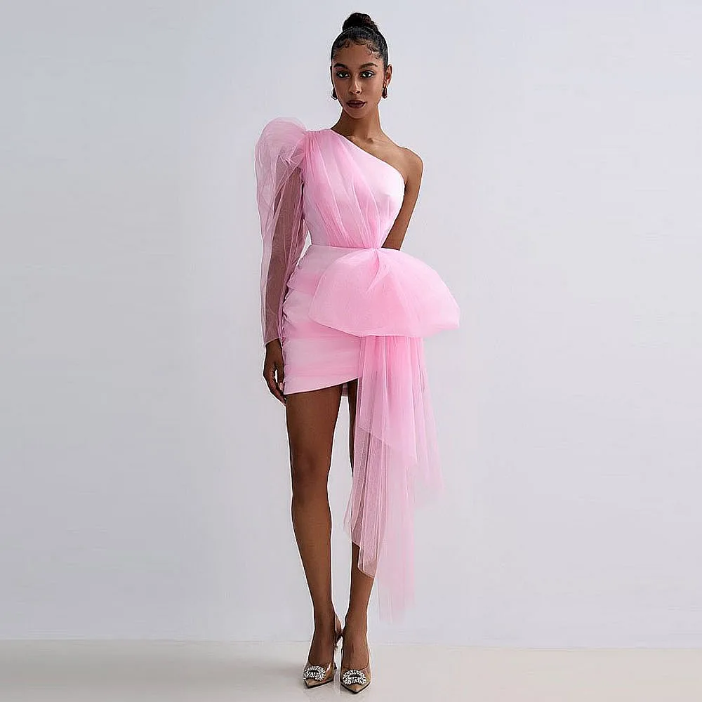 Pink One Shoulder Birthday Dresses With Puffy Long Sleeves Side Train Sheath Girls Dance Party Dress Spring Summer Holiday Gowns
Pink One Shoulder Birthday Dresses With Puffy Long Sleeves Side Train Sheath Girls Dance Party Dress Spring Summer Holiday Gowns