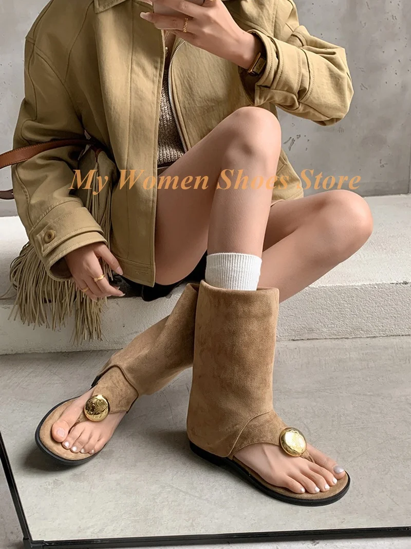 Suede Flip Flop Open Toe Summer Boots Round Toe Mid Calf Metal Buckle Runway 2026 Summer Women Dress Shoes Black Suede Handmade
Suede Flip Flop Open Toe Summer Boots Round Toe Mid Calf Metal Buckle Runway 2026 Summer Women Dress Shoes Black Suede Handmade