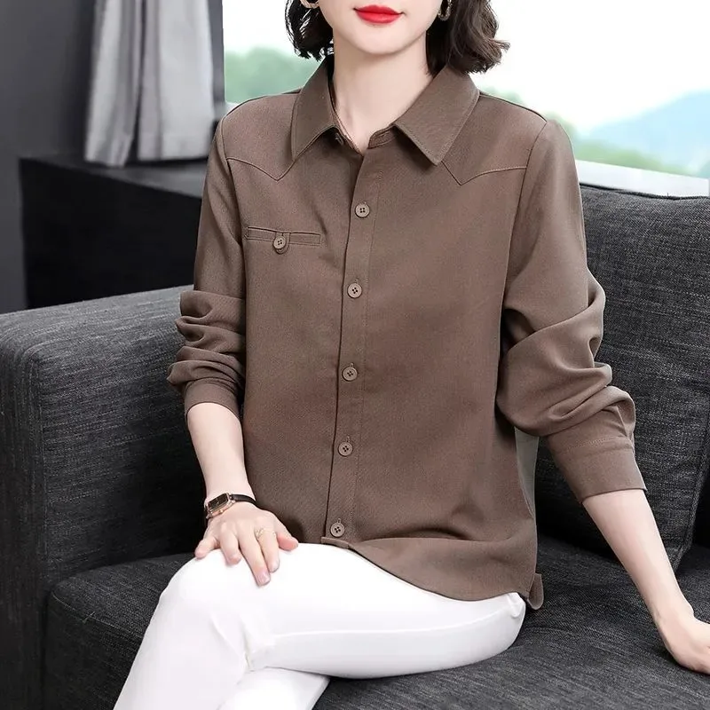 Women Middle Aged Lapel Solid Color Shirt Long Sleeve Pocket Decor Casual Daily Outerwear Blouse
Women Middle Aged Lapel Solid Color Shirt Long Sleeve Pocket Decor Casual Daily Outerwear Blouse