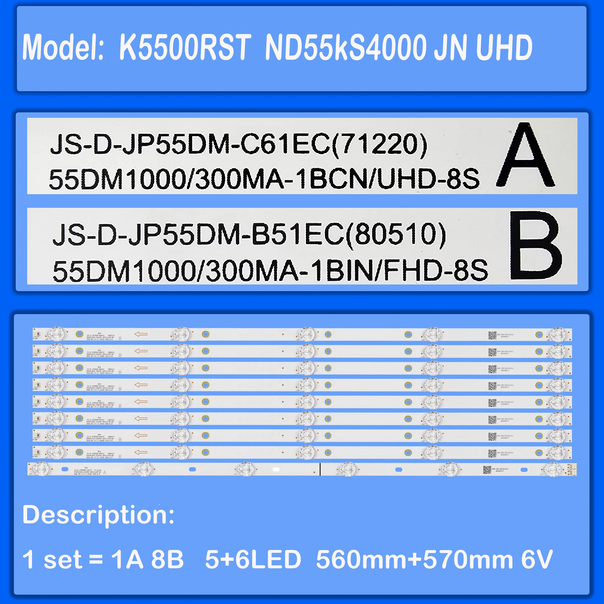 LED Backlight Strio JS-D-JP55DM-B51EC For 55inch ND55KS4000 K5500RST A55HD300T2S A55HD300 ND55kS4000 JN UHD ND55K4000
LED Backlight Strio JS-D-JP55DM-B51EC For 55inch ND55KS4000 K5500RST A55HD300T2S A55HD300 ND55kS4000 JN UHD ND55K4000
