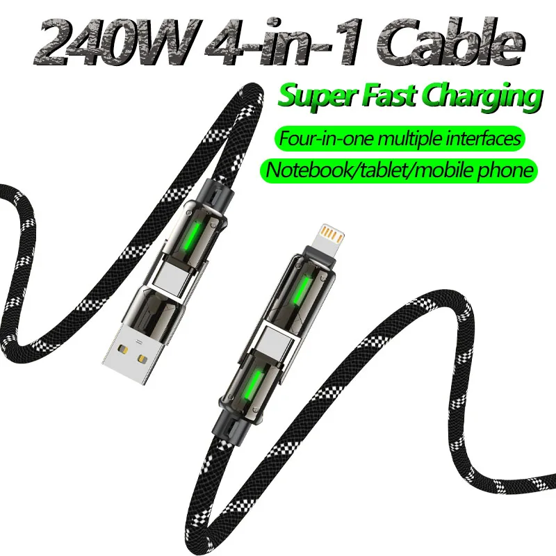 240W USB Type C Cable 4 in 1 Kirsite Cable Super Fast Charging For iPhone 8-16 Pro Max Notebook Samsung Xiaomi USB C Cable 1.2M
240W USB Type C Cable 4 in 1 Kirsite Cable Super Fast Charging For iPhone 8-16 Pro Max Notebook Samsung Xiaomi USB C Cable 1.2M