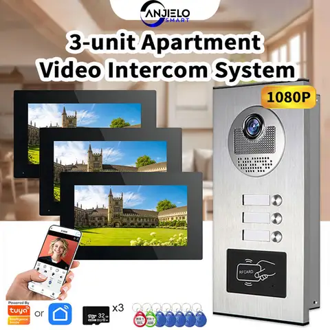 ANJIELO 3-Unit Apartments Intercom Video Doorbell with RFID Card Unlock 4 Wired Video Door Phone System 1080P TUYA Smart