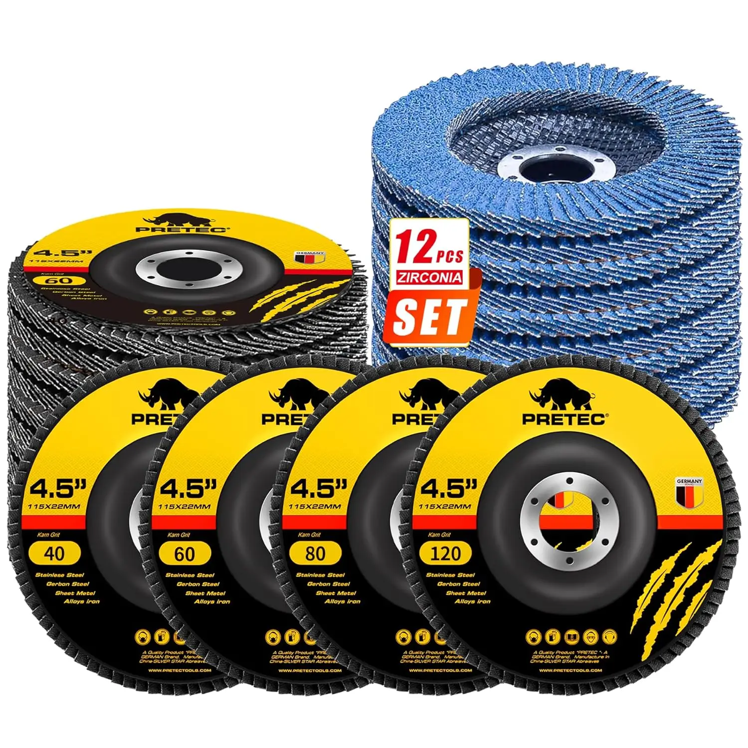 12 Pcs 4.5" Flap Discs Set - 40/60/80/120 Grit for Angle Grinder, Zirconia Type 27 for Grinding & Sanding
12 Pcs 4.5" Flap Discs Set - 40/60/80/120 Grit for Angle Grinder, Zirconia Type 27 for Grinding & Sanding