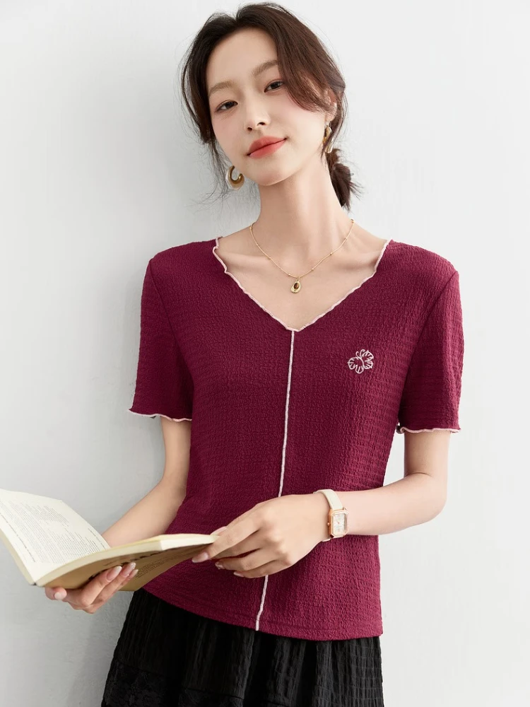 SENTUBILA Red Women's Short Sleeve T-shirts Bufferfly Embroider Casual V-neck Strecth Ladies Knitted Tees Lady Clothes 152TI1685
SENTUBILA Red Women's Short Sleeve T-shirts Bufferfly Embroider Casual V-neck Strecth Ladies Knitted Tees Lady Clothes 152TI1685