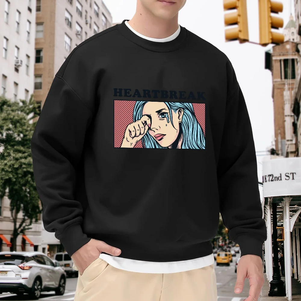 Men's Black Round-Neck Loose Sweatshirt with Cartoon Character Print and Heartbreak Lettering, Street Fashion Casual Top, Versatile for Everyday Wear
Men's Black Round-Neck Loose Sweatshirt with Cartoon Character Print and Heartbreak Lettering, Street Fashion Casual Top, Versatile for Everyday Wear
