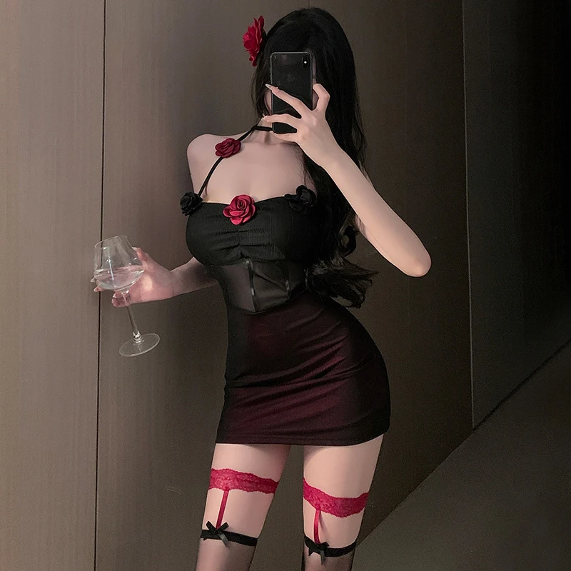 Sexy Wrap The Buttocks Dress Women Vintage Black Red Gothic Dresses Sensual Rose Slim Fit Halter Skirt Couples Bed Flirt Costume 
Sexy Wrap The Buttocks Dress Women Vintage Black Red Gothic Dresses Sensual Rose Slim Fit Halter Skirt Couples Bed Flirt Costume
