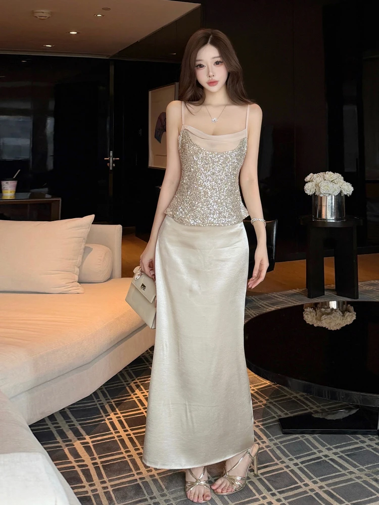 Sexy Strapless Sequin Embellished Satin Fish Tail Half Skirt Set Women's Fashion High Waist Slim Fit Top Summer Casual Wear
Sexy Strapless Sequin Embellished Satin Fish Tail Half Skirt Set Women's Fashion High Waist Slim Fit Top Summer Casual Wear