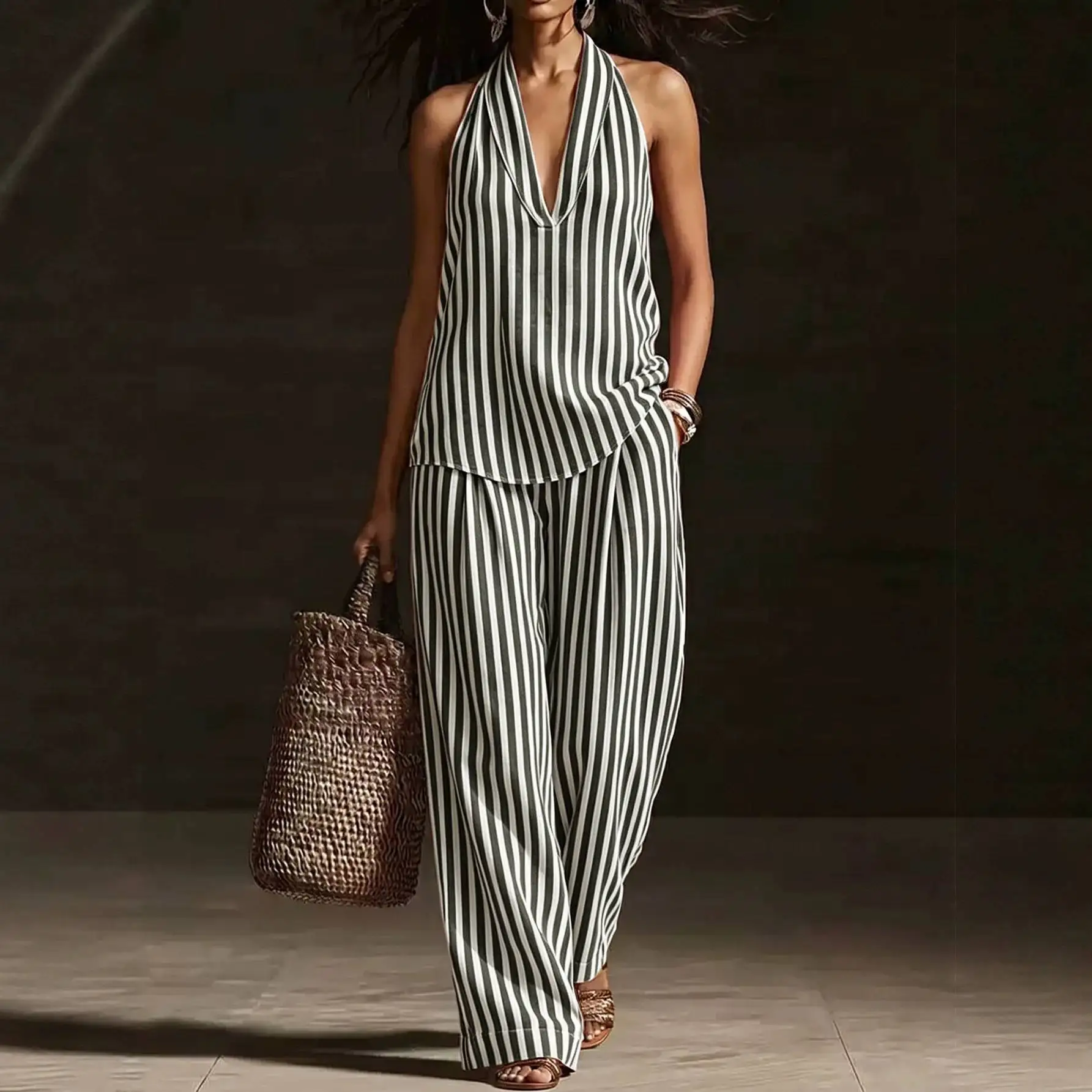 Summer Casual Striped Wide Leg Pants Neck Hanging Sleeveless Top Cotton Linen Two Piece Set European Style Polyester Fiber
Summer Casual Striped Wide Leg Pants Neck Hanging Sleeveless Top Cotton Linen Two Piece Set European Style Polyester Fiber