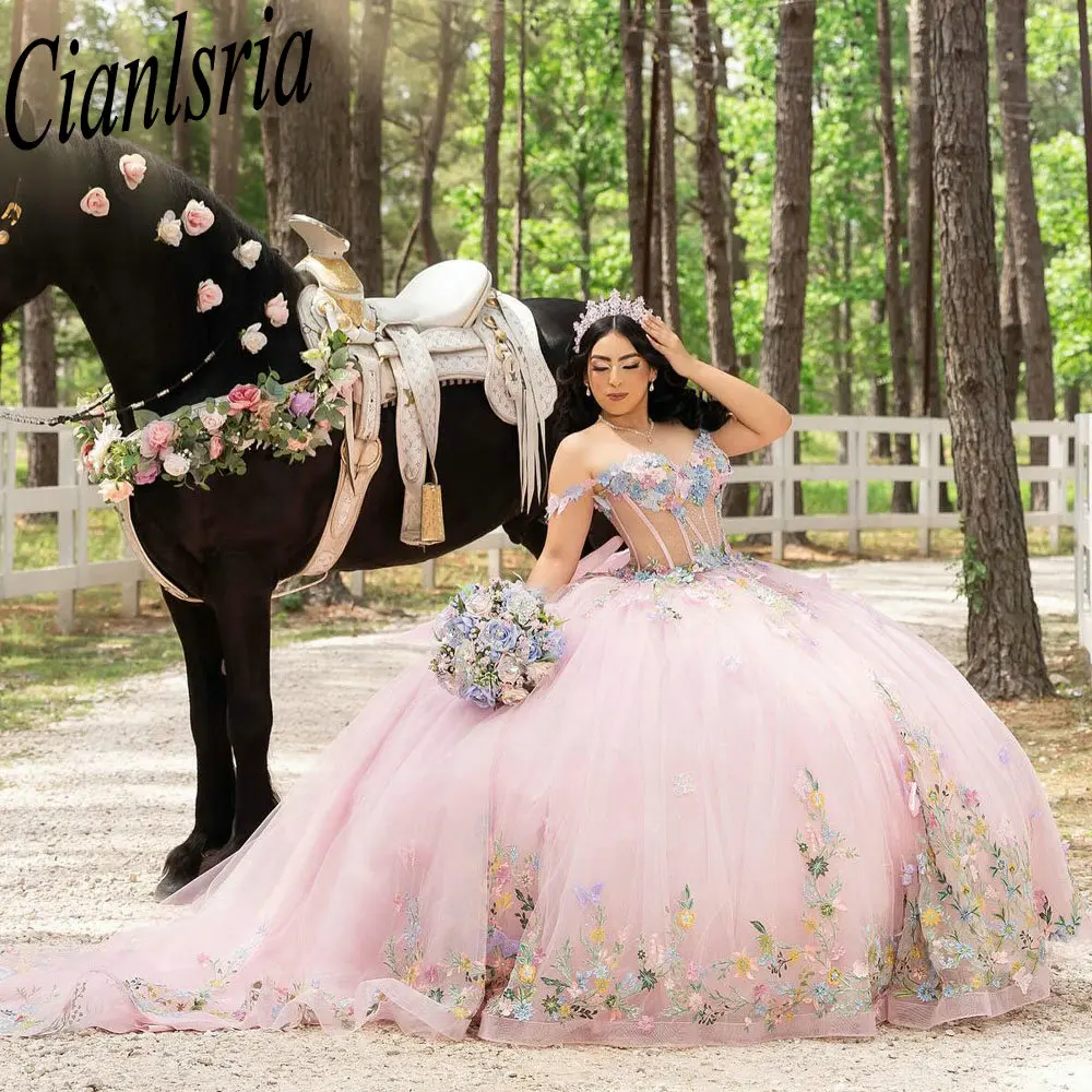 Pink Illusion Off The Shoulder Quinceanera Dresses Ball Gown Colorful Floral Appliques Lace Sweet 15 Años Mexican Customized
Pink Illusion Off The Shoulder Quinceanera Dresses Ball Gown Colorful Floral Appliques Lace Sweet 15 Años Mexican Customized