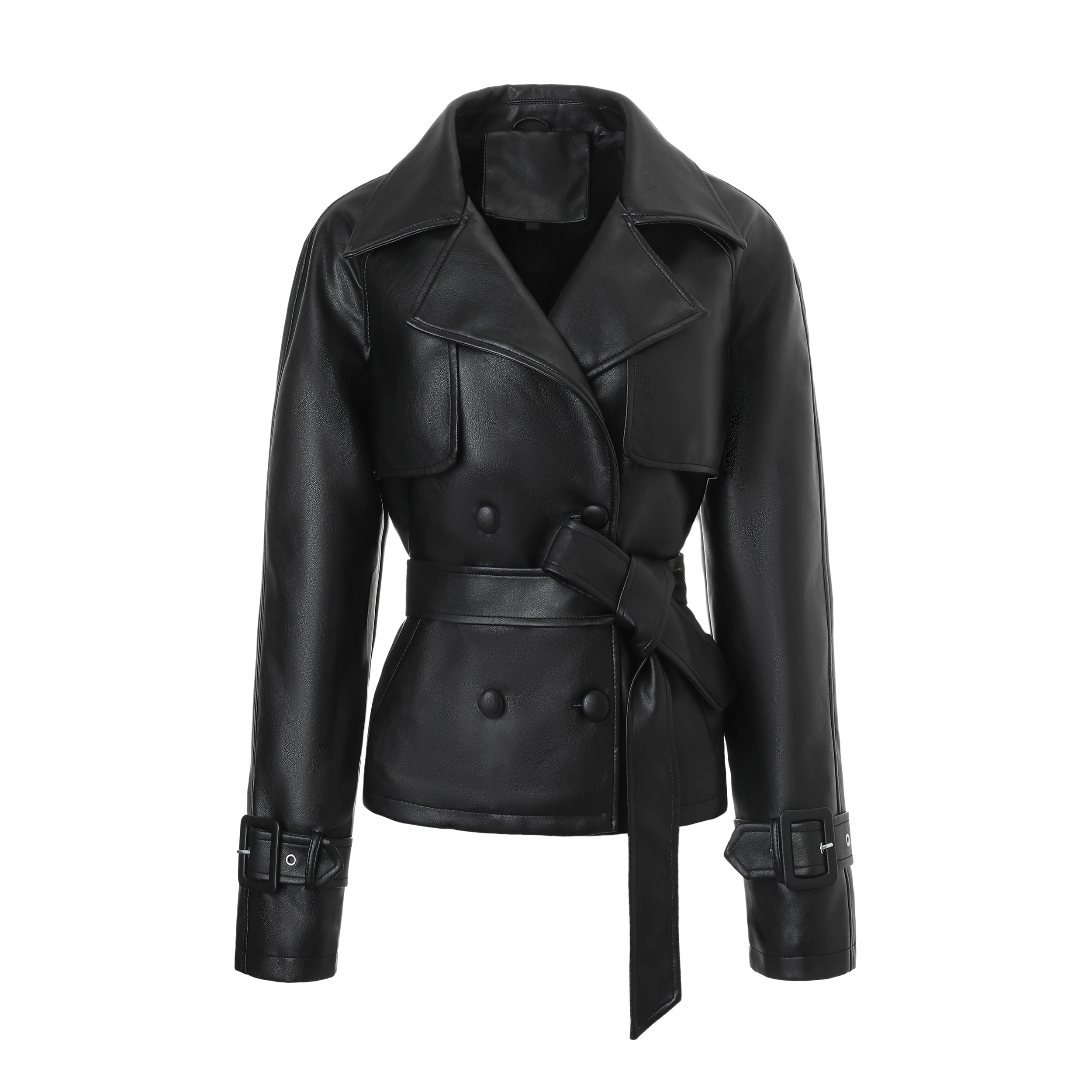 Ladies' Slim Motorcycle Jacket - Black PU Leather, Adjustable Belt & Buckle Cuffs, Double Button Chic Outerwear for 3 Seasons
Ladies' Slim Motorcycle Jacket - Black PU Leather, Adjustable Belt & Buckle Cuffs, Double Button Chic Outerwear for 3 Seasons