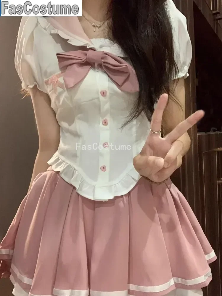 FasCostume Sweet Rabbit Ear Sailor Collar Puff Sleeve Shirts Women+ Slim Waist Ruched Pink Skirts Summer Oversize Two Piece Sets
FasCostume Sweet Rabbit Ear Sailor Collar Puff Sleeve Shirts Women+ Slim Waist Ruched Pink Skirts Summer Oversize Two Piece Sets